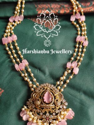 Pink three line muthu malai with pendant