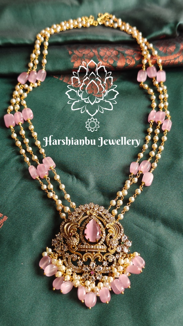 Pink three line muthu malai with pendant