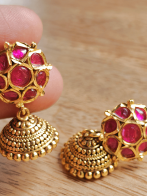 Mini kundan jhumkha with jadau stones (Ruby)