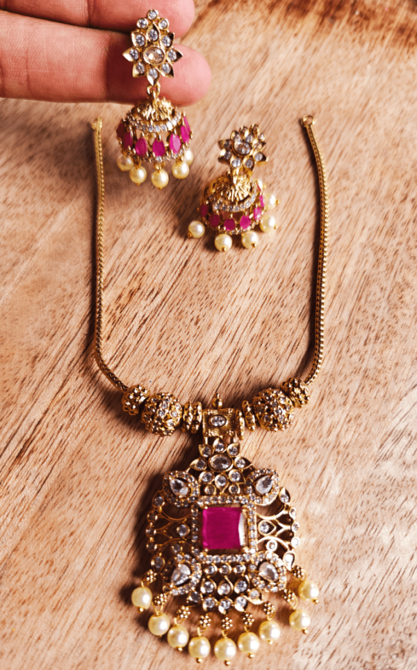 Pendant chain set with jhumkhas (Ruby)