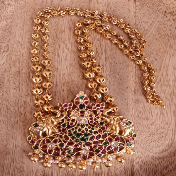 Gajalakshmi pendant with double line lotus mala