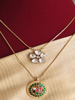 Double layer chain with jadau and kundan pendant