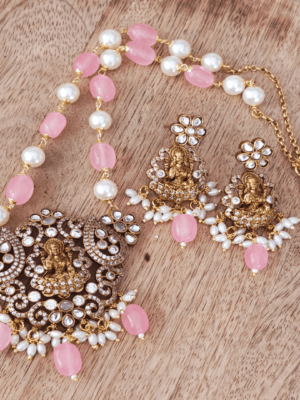 Lakshmi kundan beaded jewellery (Pink)