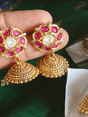 Amirtham mini kundan jhumkhas (Ruby white)