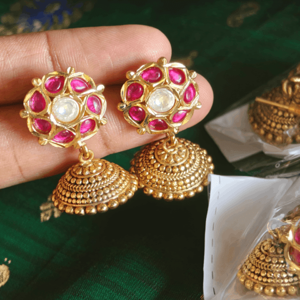 Amirtham mini kundan jhumkhas (Ruby white)