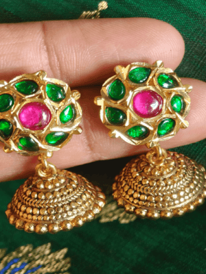 Amirtham mini kundan jhumkhas (Green red)