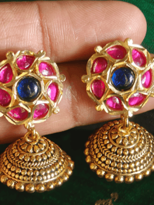 Amirtham kundan mini jhumkhas (Red blue)