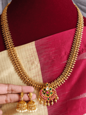 Amirtham ruby jadau pendant with mullu haaram