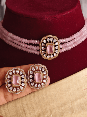 Amala beads with solitaire pendant set (pink)