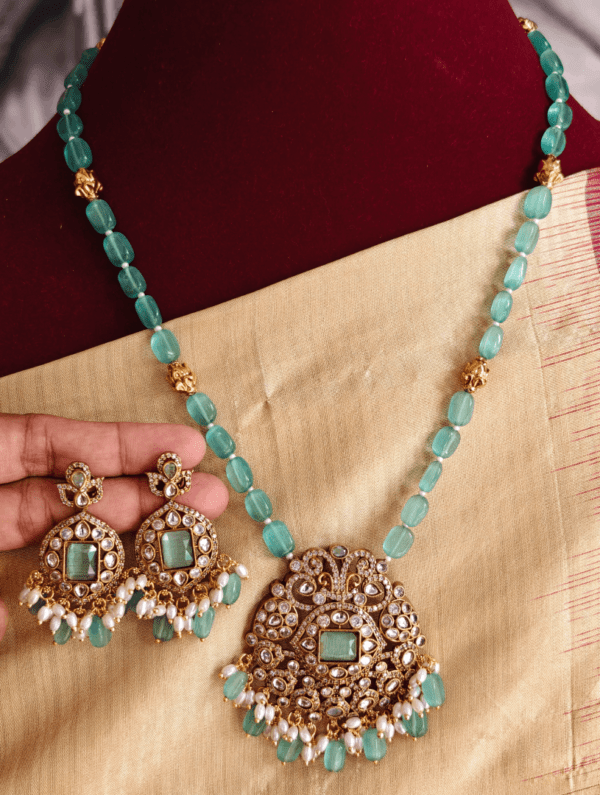 Nritya beaded jewellery with mehendi finish pendant set (Mint green beads)