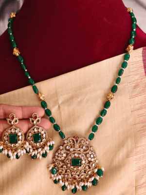 Nritya beaded jewellery with mehendi finish pendant set (Bottle green beads)