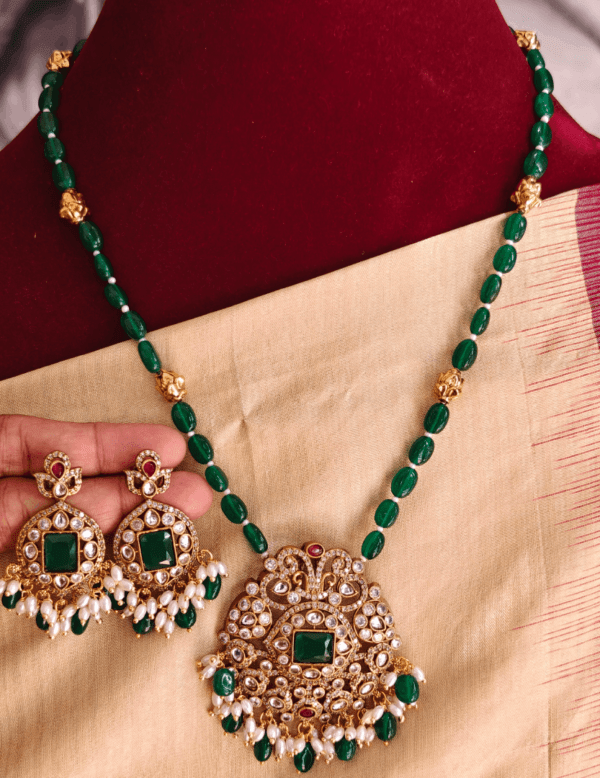 Nritya beaded jewellery with mehendi finish pendant set (Bottle green beads)