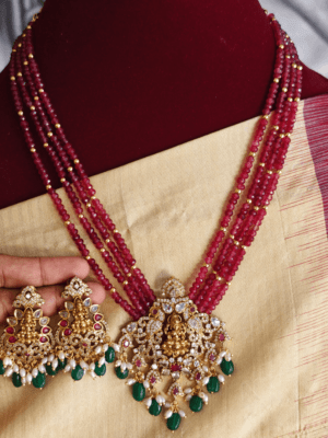 Lakshmi pendant set with four line Maroon beads with antique gold balls