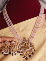 Lakshmi pendant set with four line pink beads with antique golden balls