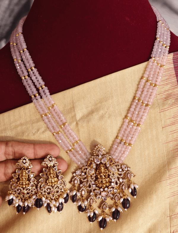 Lakshmi pendant set with four line pink beads with antique golden balls