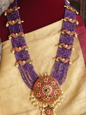 Rakkodi bridal haaram with peacock jadau motifs (Purple beads)