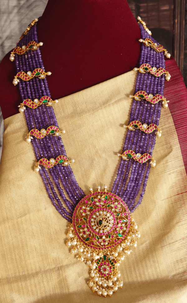 Rakkodi bridal haaram with peacock jadau motifs (Purple beads)