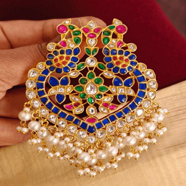 Double peacock kundan jadau pendant (Blue)