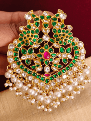 Double peacock kundan jadau pendant (Green)