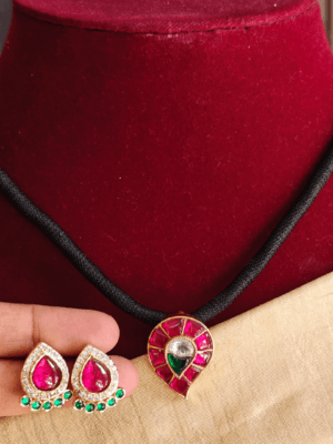 Maanga kundan jadau pendant set with black rope (Ruby)