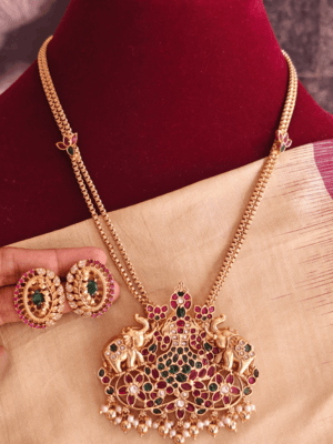 Gajalakshmi pendant with double line lotus chain set