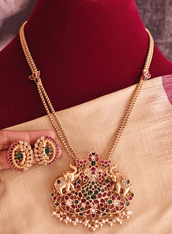 Gajalakshmi pendant with double line lotus chain set