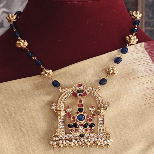 Thiruvachi with blue beads lotus mala