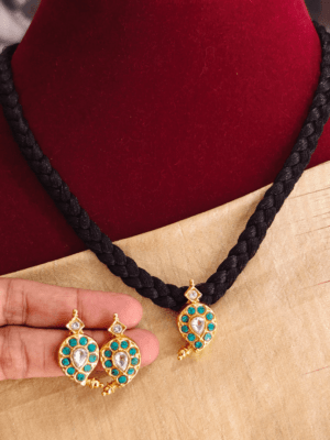 Mango jadau pendant set attached to black rope (turquoise blue)