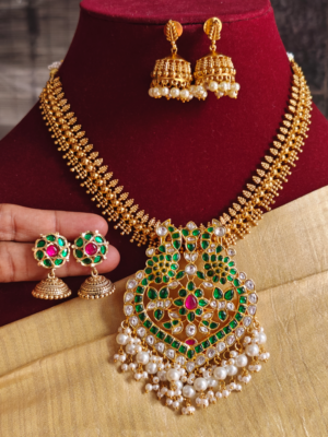 Double peacock jadau mullu necklace with 2 jhumkhas