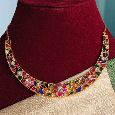 Floral kundan multicolor hasli necklace (Blue combination)