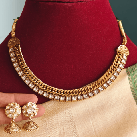 vellai kal necklace set in jadau (white stones)
