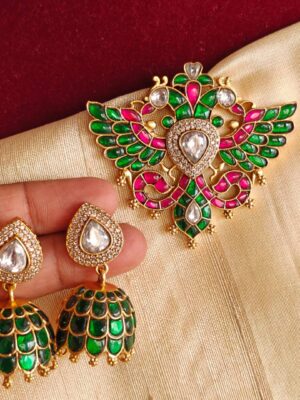 Gandaberunda emerald kundan jadau pendant set