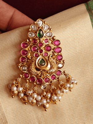 Double peacock kundan ruby saree pin