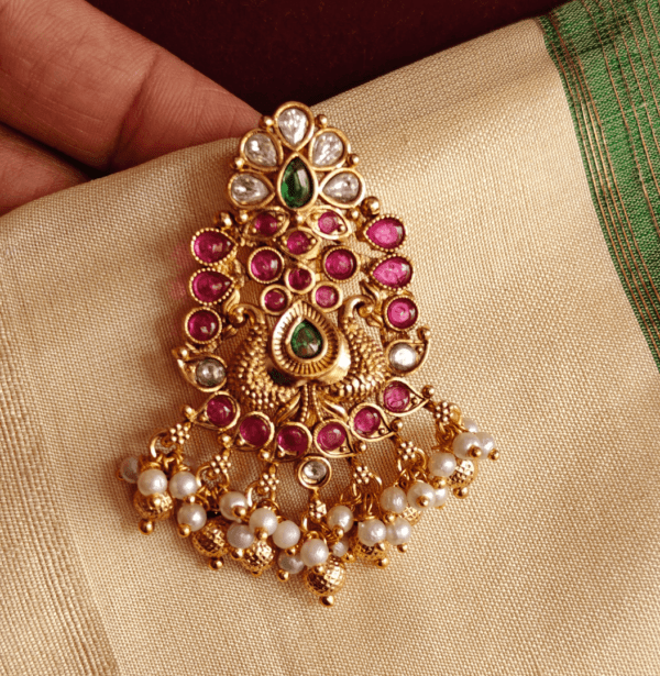 Double peacock kundan ruby saree pin