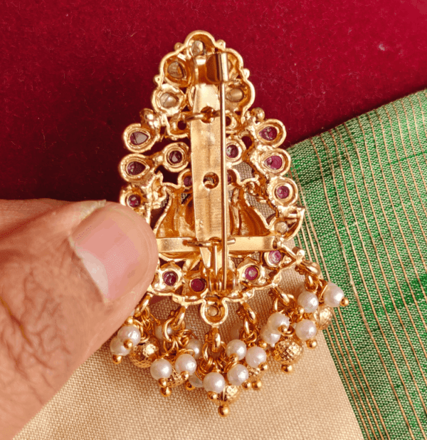 Double peacock kundan ruby saree pin