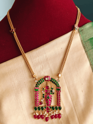 Karthikeya kundan jadau pendant with double line lotus chain