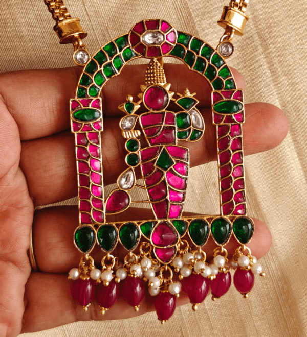 Karthikeya kundan jadau pendant with double line lotus chain