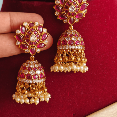 Lotus ruby white jadau jhumkha