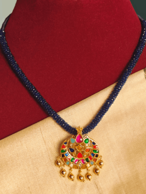 Amirtham navratna jadau pendant with blue hydrocrystal beads