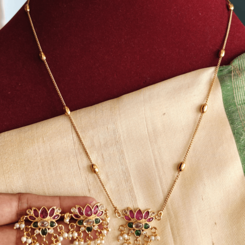 Ruby emerald lotus pendant set with chain