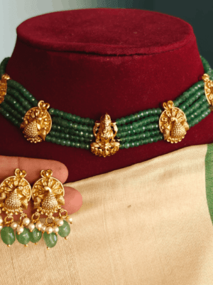 Peacock lakshmi 4 line green bead choker with earrings