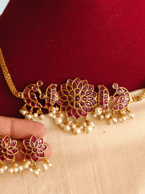 Hridayakalam peacock fusion kemp stone necklace (Ruby)