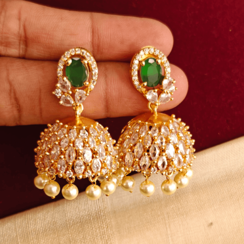 Cute AD gold polish jhumkha (green)