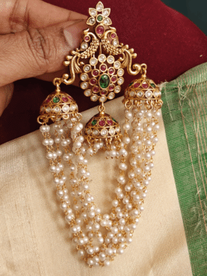 Double peacock kundan pearl cluster hair accessory