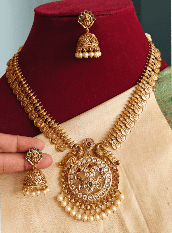 Double peacock lakshmi kasu necklace