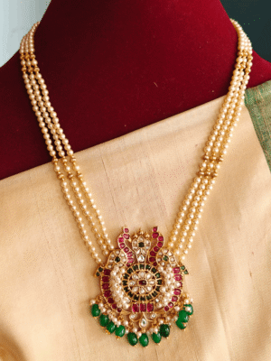 Double peacock pendant with three line pearl mala