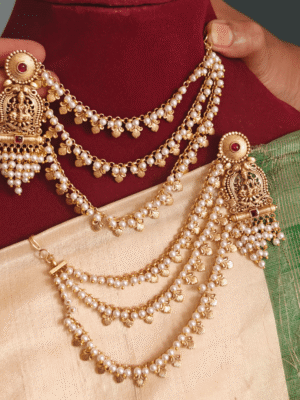 Lakshmi  guttapulasu earrings with three line pearl ear chain