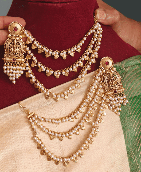 Lakshmi  guttapulasu earrings with three line pearl ear chain