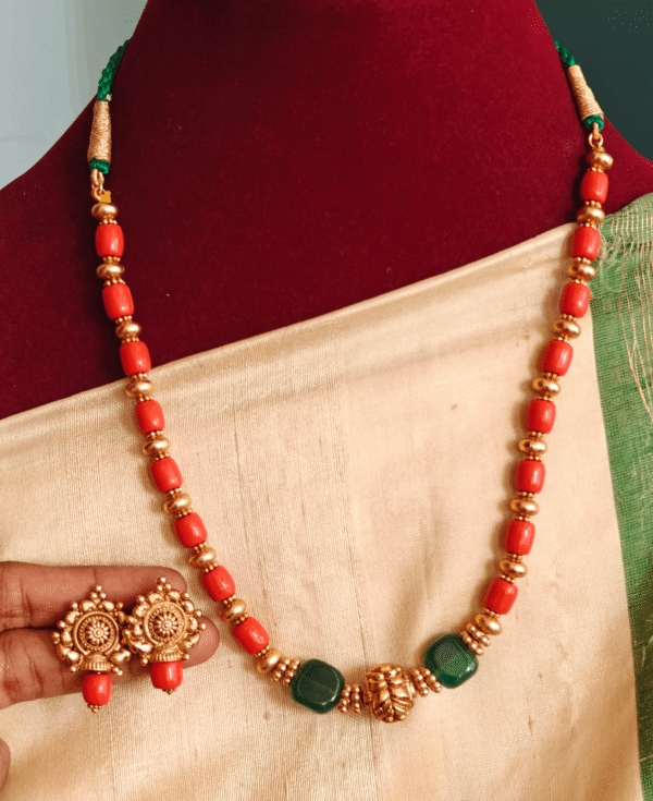 Emerald flat bead coral mala