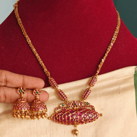 Annam damaru fusion chain set with jhumkha (Multicolor)